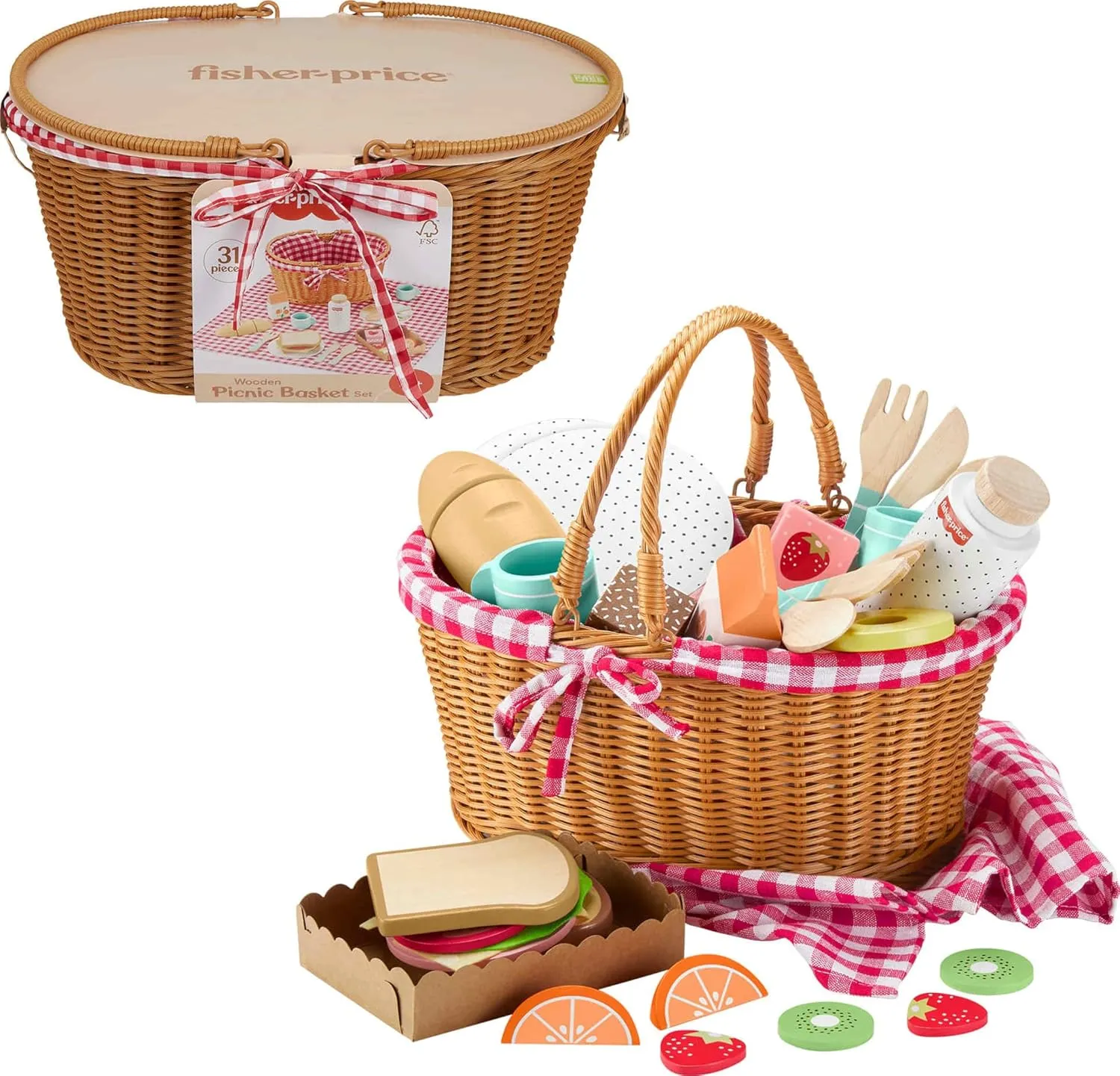 Fisher-Price Wood Pretend Play Toy Picnic Basket, 31-Piece Wooden Food Playset for Preschool Kids Ages 3  Years