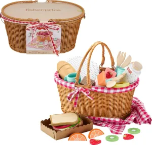 Fisher-Price Wood Pretend Play Toy Picnic Basket, 31-Piece Wooden Food Playset for Preschool Kids Ages 3  Years