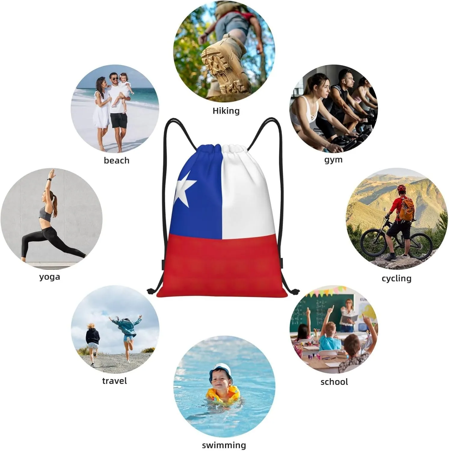 Flag Of Chile Stylish Drawstring Backpacks Cinch Bags, Gym Cinch Bag Polyester String Bag For Men Women