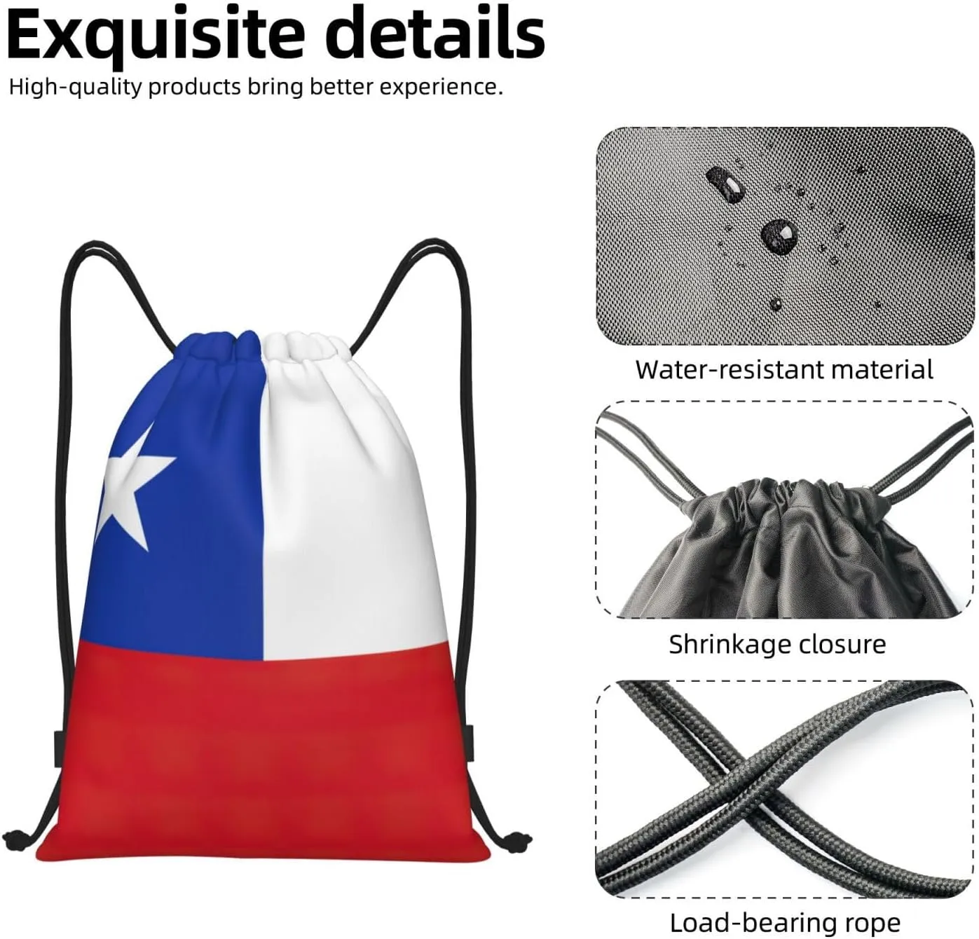Flag Of Chile Stylish Drawstring Backpacks Cinch Bags, Gym Cinch Bag Polyester String Bag For Men Women