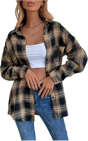 Flannel Shirts For Women Casual Long Sleeve Button Down Plaid Shacket Jacket Lightweight Fall Coats Outwear