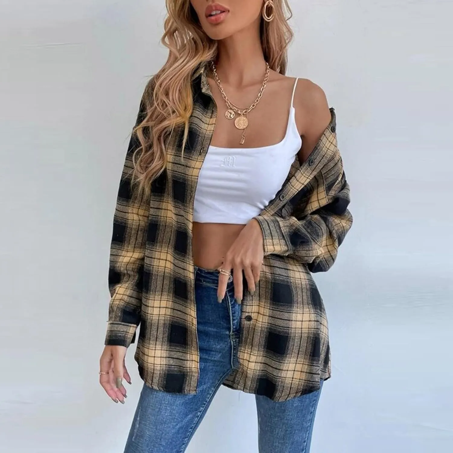Flannel Shirts For Women Casual Long Sleeve Button Down Plaid Shacket Jacket Lightweight Fall Coats Outwear
