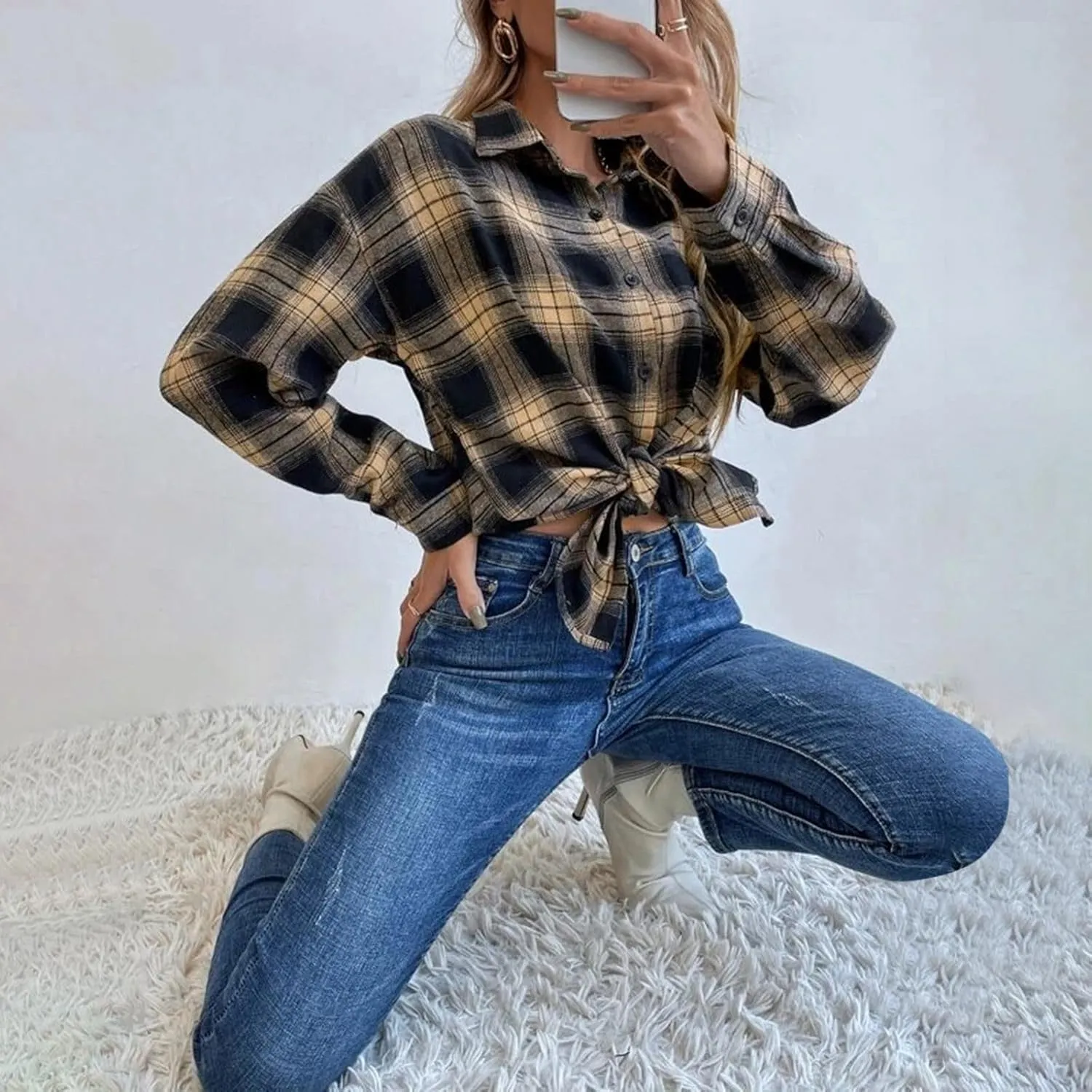Flannel Shirts For Women Casual Long Sleeve Button Down Plaid Shacket Jacket Lightweight Fall Coats Outwear