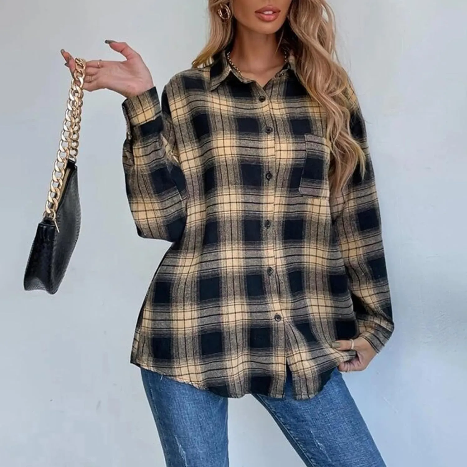 Flannel Shirts For Women Casual Long Sleeve Button Down Plaid Shacket Jacket Lightweight Fall Coats Outwear