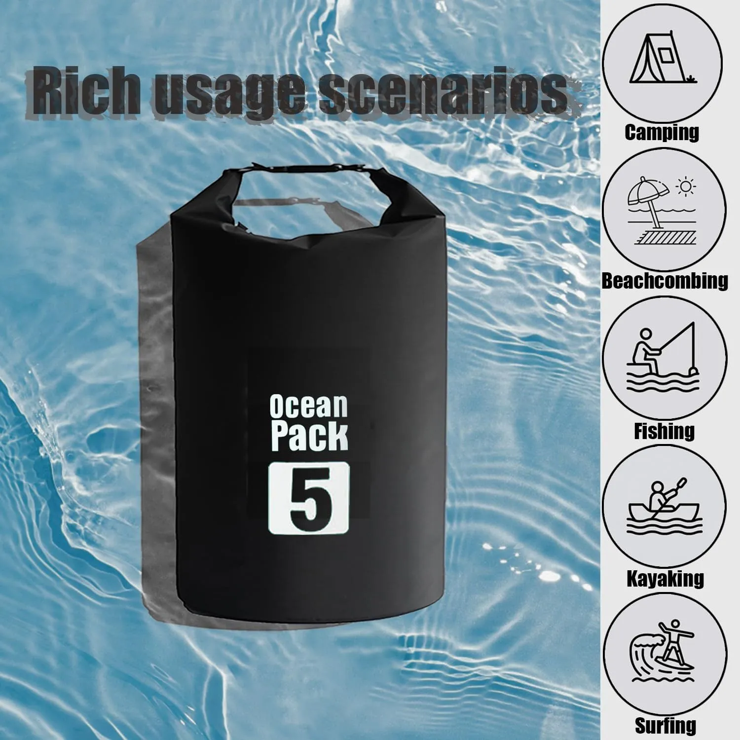 Floating Waterproof Dry Bag 5L/10L/15L/20L for women-Lightweight&Durable Dry Sack Backpack for Kayaking, Swimming, Camping, Hiking-Soft&Abrasion-Resistant with Roll-Top Closure (BLACK, 15L)