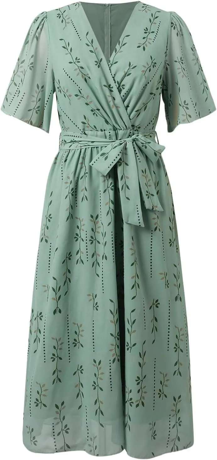 Floral Midi Dress for Women V Neck Short Sleeve Wrap A-Line Dress Summer Casual Boho Flowy Sundress