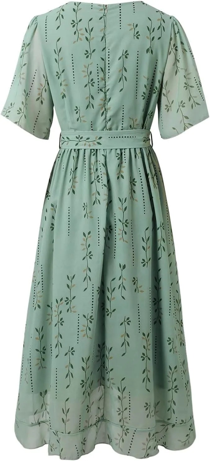 Floral Midi Dress for Women V Neck Short Sleeve Wrap A-Line Dress Summer Casual Boho Flowy Sundress