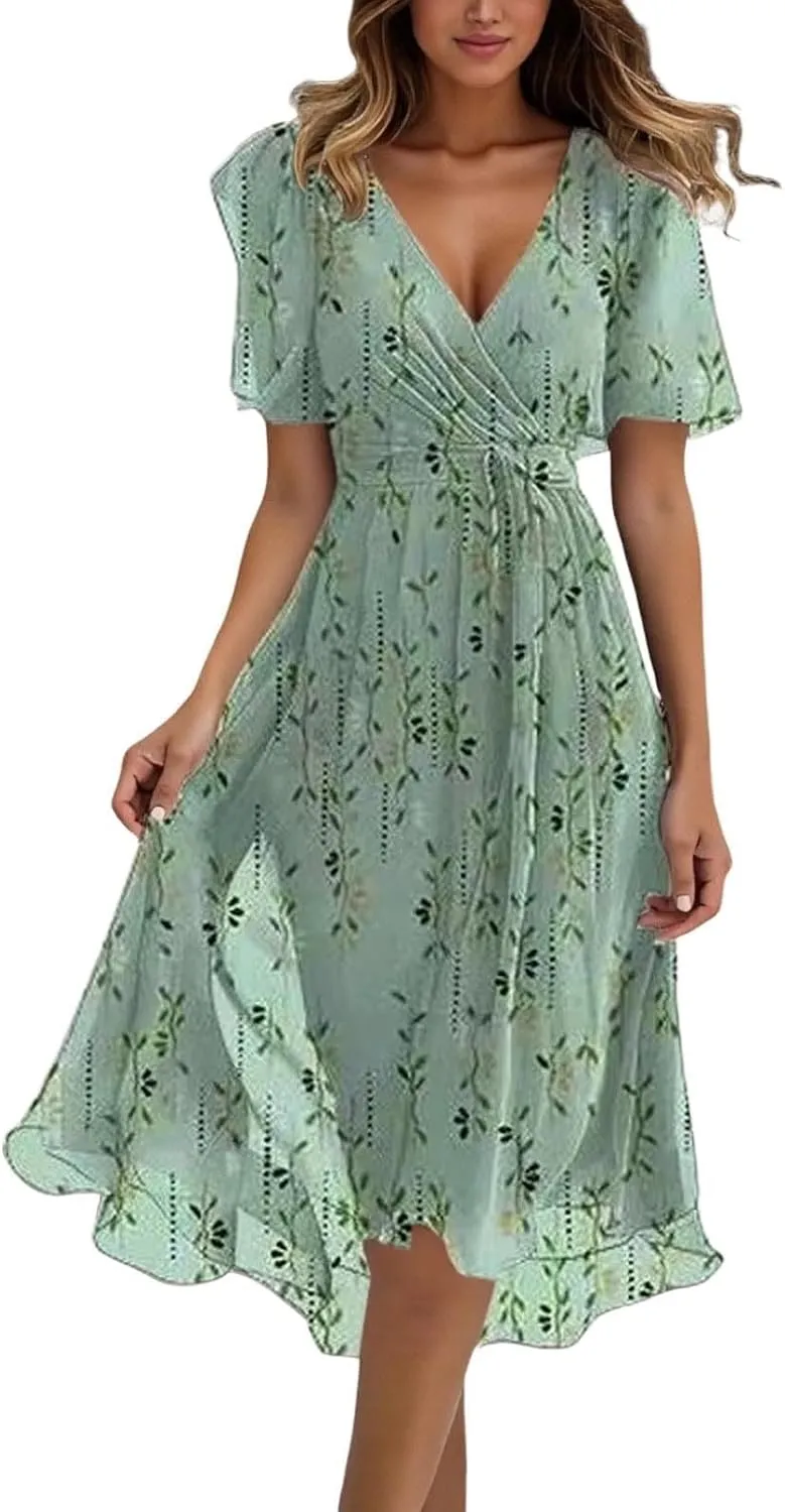 Floral Midi Dress for Women V Neck Short Sleeve Wrap A-Line Dress Summer Casual Boho Flowy Sundress