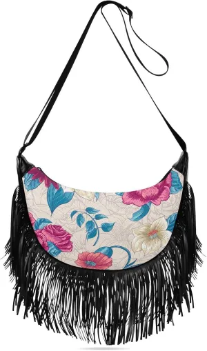 Floral-pattern-roses-wildflowers Women Tassel Fringe Shoulder bag, Fringe Purse Crossbody, Women Tassel Hobo Bag with Zipper