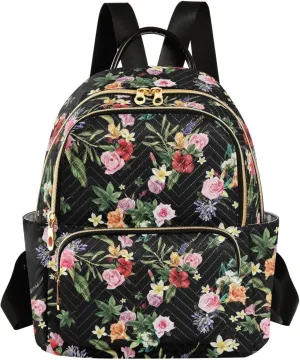 Floral Print Tropical Flowers Mini Backpack for Women, Travel Backpack Purse Daypack Shoulder Bag for Ladies