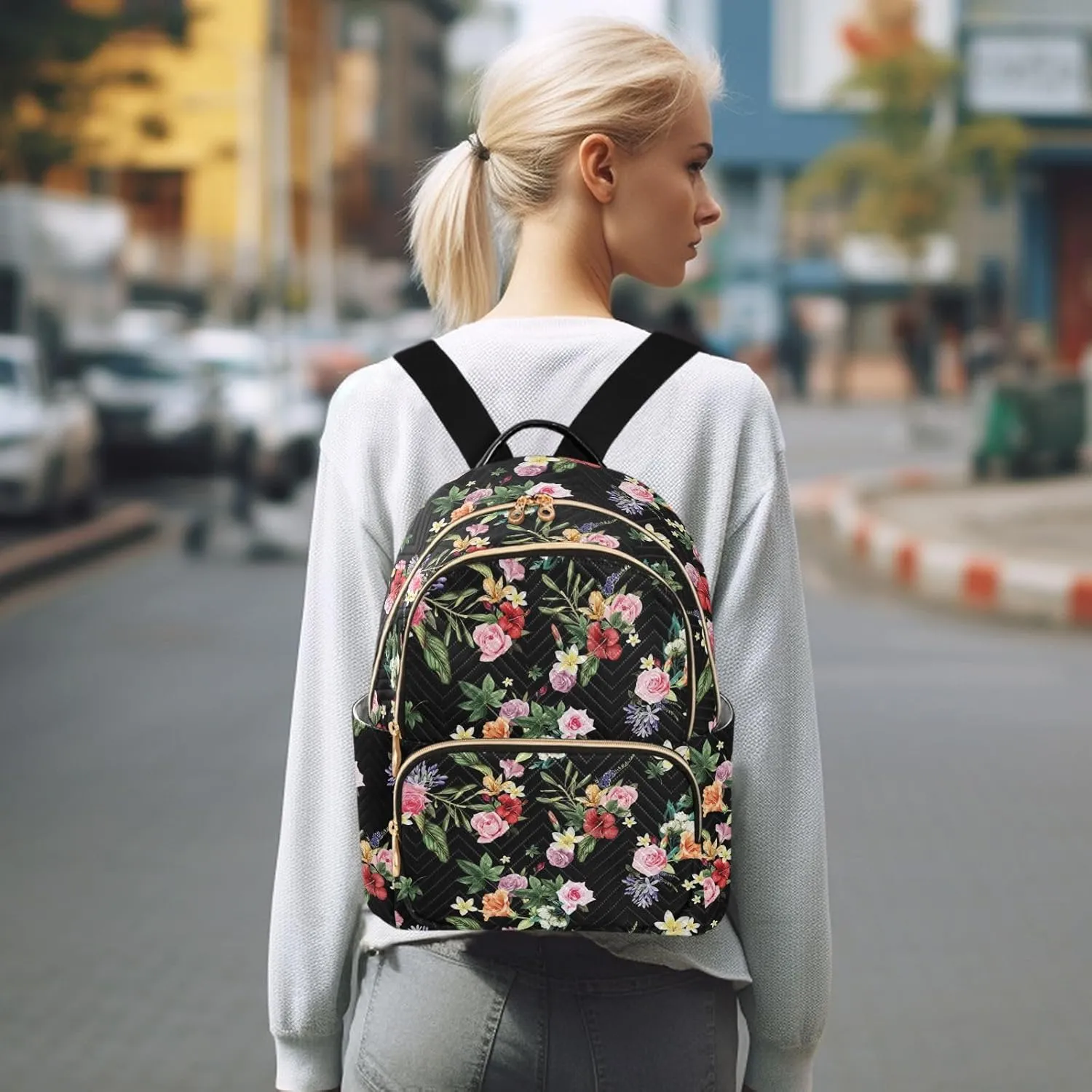 Floral Print Tropical Flowers Mini Backpack for Women, Travel Backpack Purse Daypack Shoulder Bag for Ladies