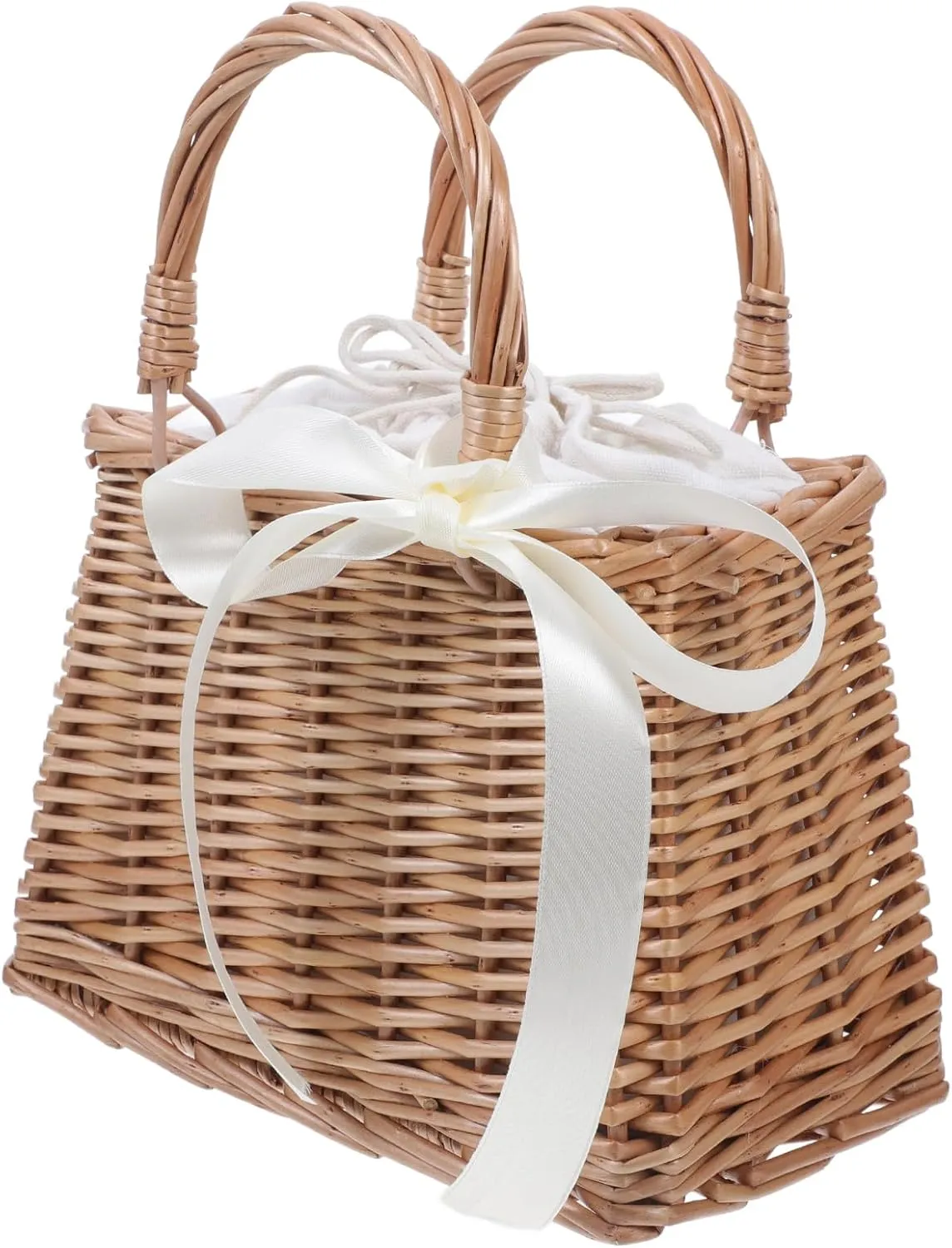 Flower Girl Baskets Wicker Basket Rattan Woven Handbag Summer Beach Tote Bag Decorative Bow Flower Basket Woven Storage Basket Weeding Basket with White Ribbon for Rustic Decor Fruit Basket