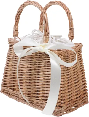 Flower Girl Baskets Wicker Basket Rattan Woven Handbag Summer Beach Tote Bag Decorative Bow Flower Basket Woven Storage Basket Weeding Basket with White Ribbon for Rustic Decor Fruit Basket
