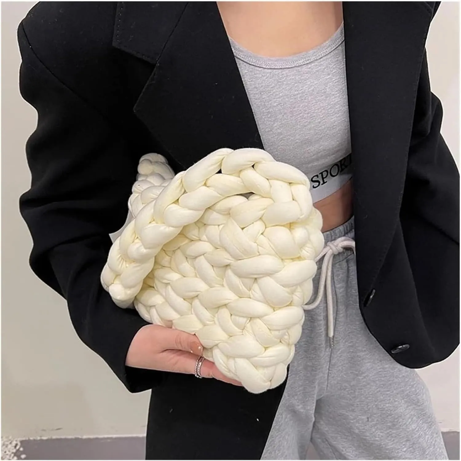 Fluffy Pink Tote Bag for Women | Canvas Shoulder Shopping Bag | Wool Knitted Crossbody Handbag | Plush Shopper Bag(Milky White,24. 19.8cm)