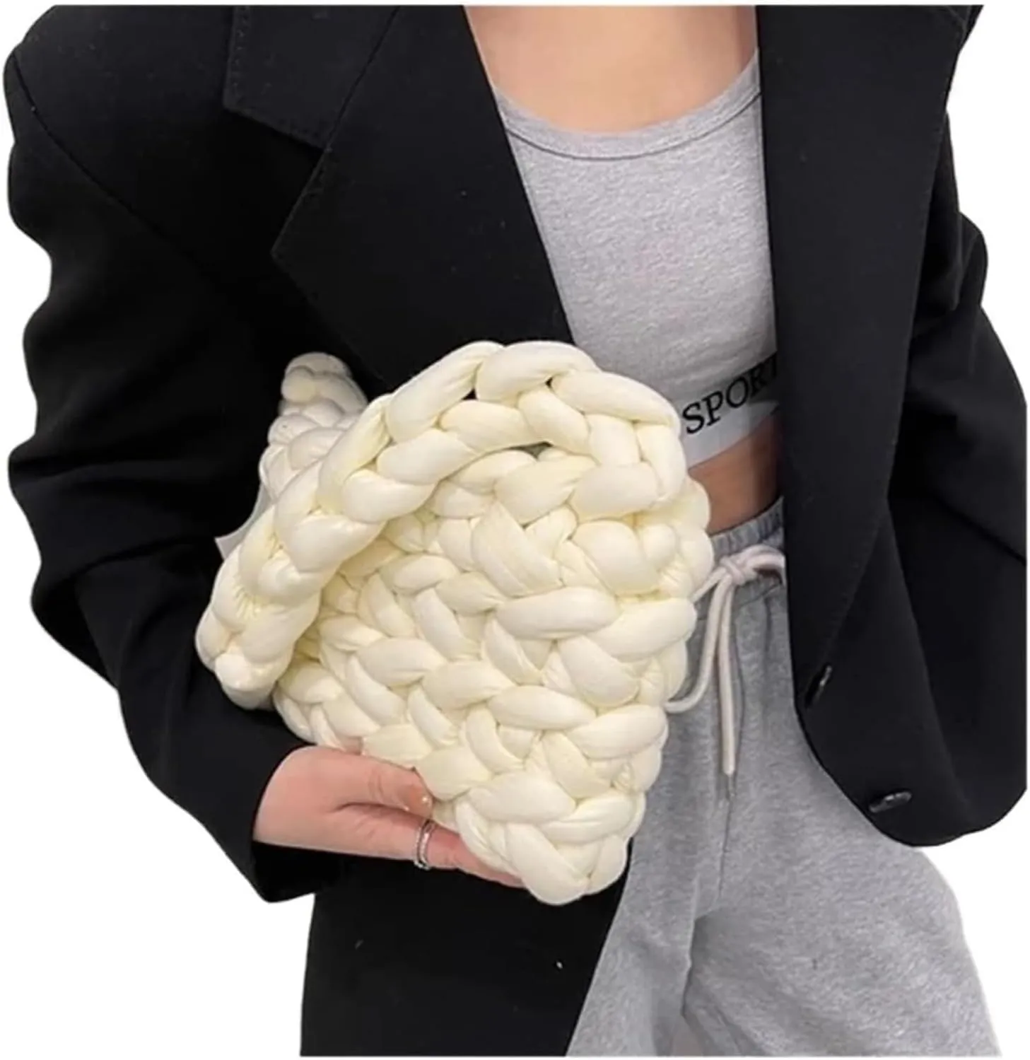 Fluffy Pink Tote Bag for Women | Canvas Shoulder Shopping Bag | Wool Knitted Crossbody Handbag | Plush Shopper Bag(Milky White,24. 19.8cm)