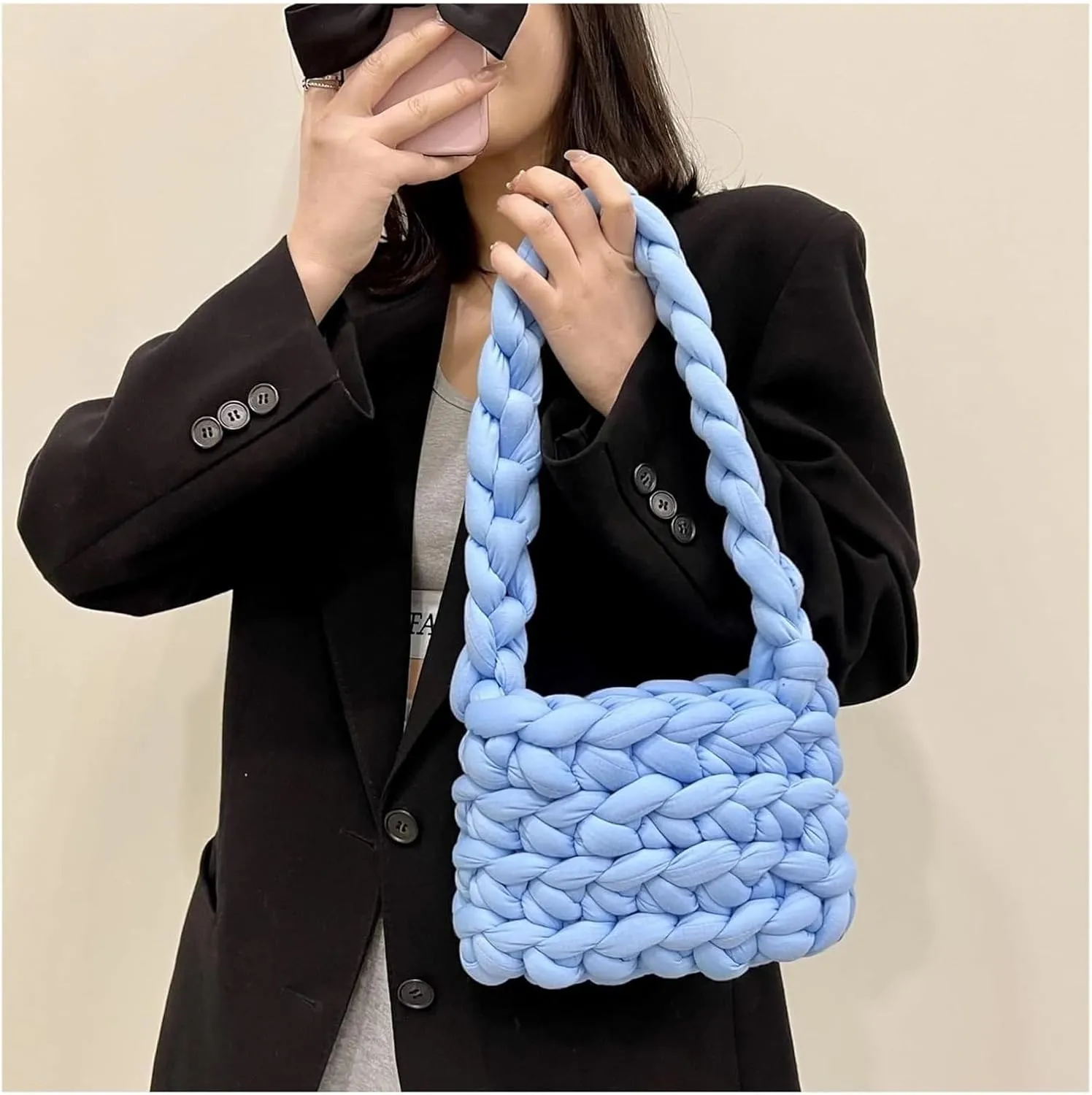 Fluffy Pink Tote Bag for Women | Canvas Shoulder Shopping Bag | Wool Knitted Crossbody Handbag | Plush Shopper Bag(Milky White,24. 19.8cm)