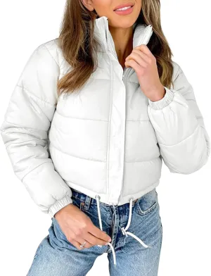 Flygo Women Cropped Puffer Jacket Winter Long Sleeve Quilted Puffy Bubble Padded Short Coats with Drawstring