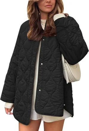 Flygo Women's Oversized Quilted Lightweight Jacket Button Down Puffer Padded Outerwear with Pocket