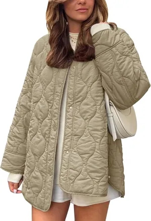 Flygo Women's Oversized Quilted Lightweight Jacket Button Down Puffer Padded Outerwear with Pocket