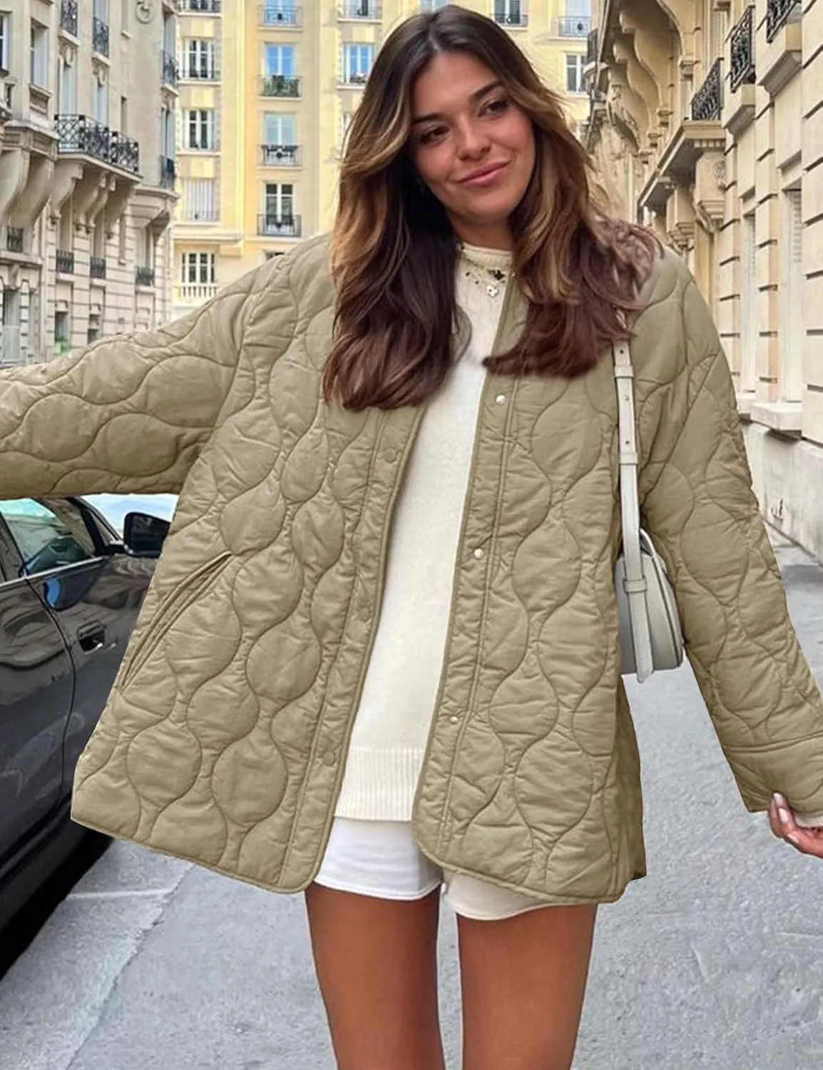 Flygo Women's Oversized Quilted Lightweight Jacket Button Down Puffer Padded Outerwear with Pocket
