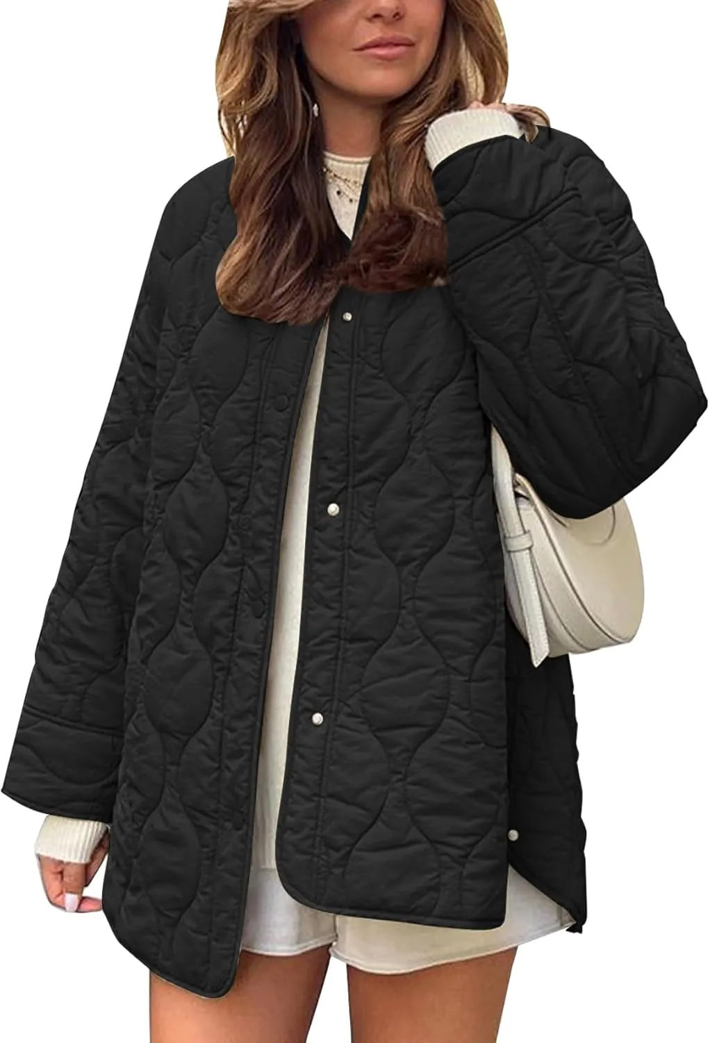 Flygo Women's Oversized Quilted Lightweight Jacket Button Down Puffer Padded Outerwear with Pocket