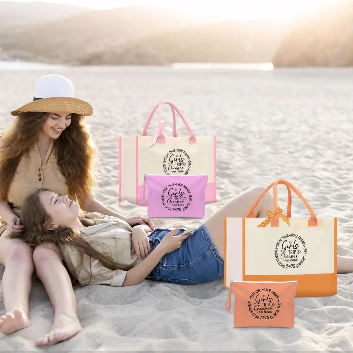Fokongna Girls Trip 2025 For Women Friend Sister Travel Gifts Canvas Tote Bag Wet Bag for swimsuit Beach Bags Gifts
