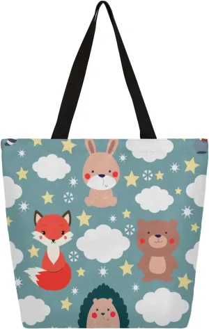 Fox Prickly Clouds Stars Large Capacity Canvas Tote Bag Stylish Handheld Shoulder Bag Reusable Shopping Bag for Work Travel Beach Trips Shopping