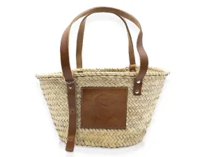 FRENCH BASKET Classic Customized Tan Leather Patch Straw Basket, Beach bag. Bridesmaid gifts, wicker basket with handle, wicker basket, gift for her