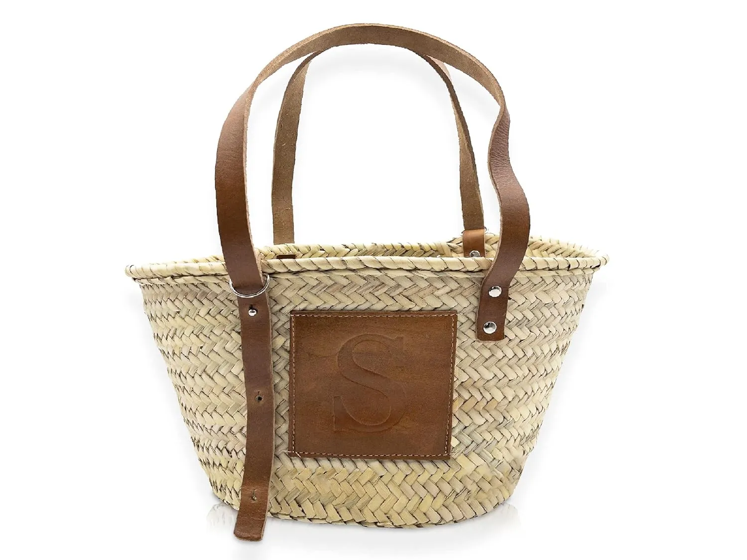 FRENCH BASKET Classic Customized Tan Leather Patch Straw Basket, Beach bag. Bridesmaid gifts, wicker basket with handle, wicker basket, gift for her