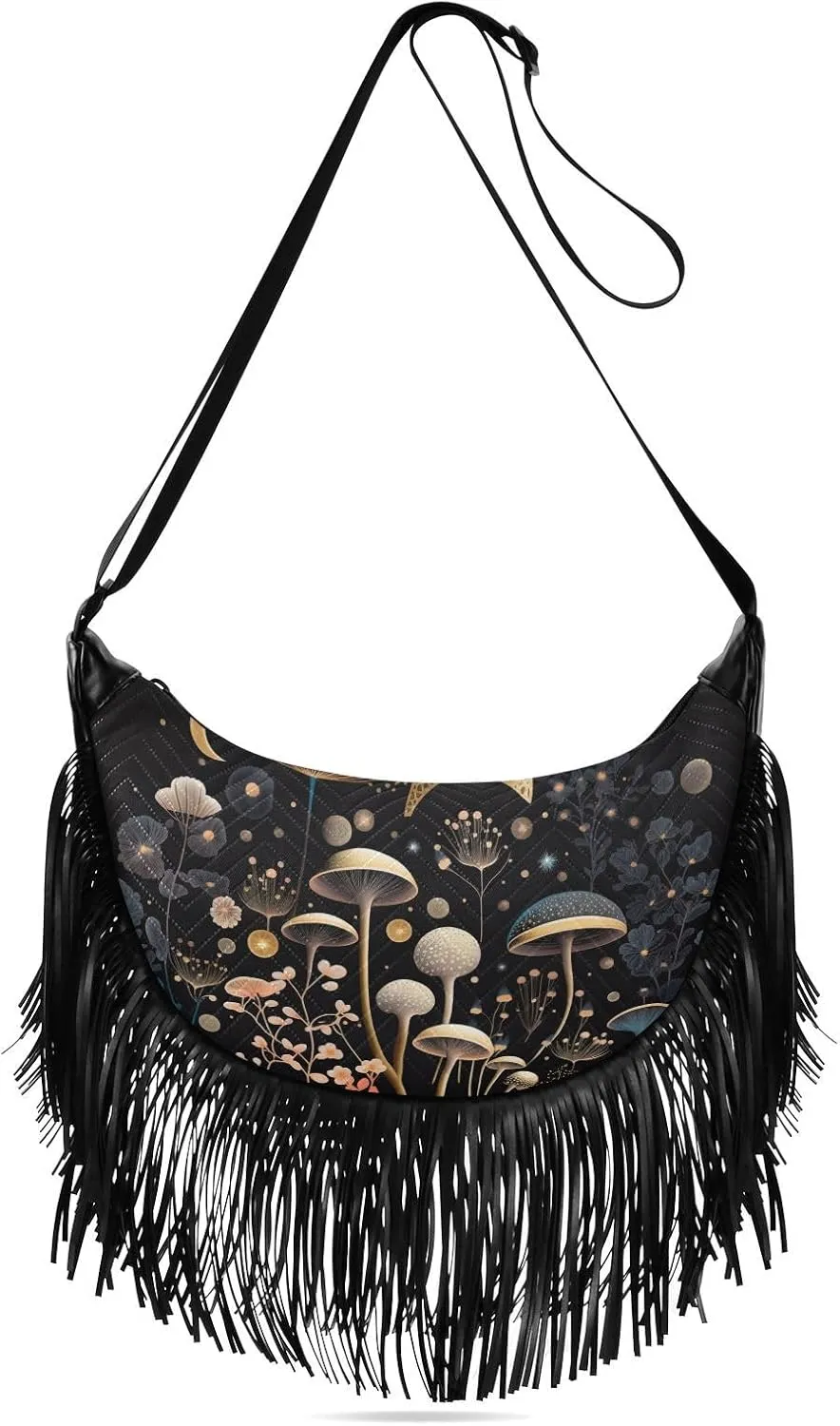 Fringe Hippie Purses Mystical Mushrooms Print, Western Tassel Bags Crossbody Bags for Women with Adjustable Strap Fabric and PU Material