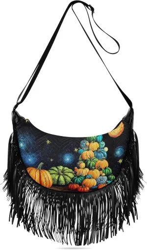 Fringe Hippie Purses Pile Of Pumpkin Print, Western Tassel Bags Crossbody Bags for Women with Adjustable Strap Fabric and PU Material