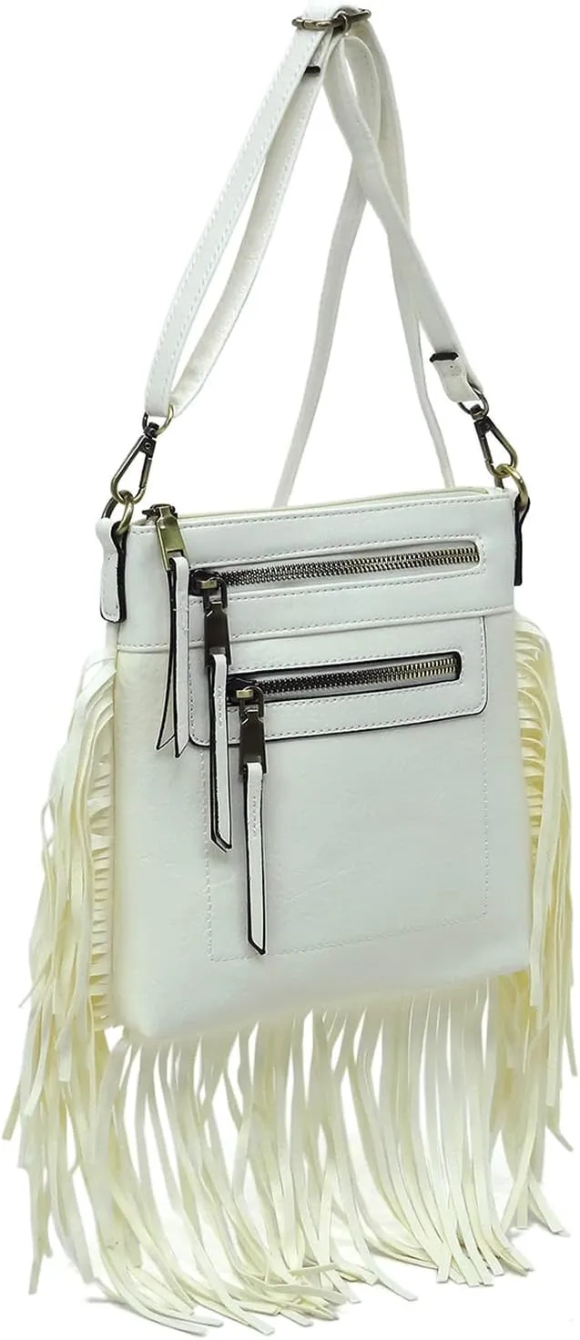 Fringe Tassel Cross Body Bag Vintage Shoulder Handbag Multi Zip Pocket Western Fringe Purse