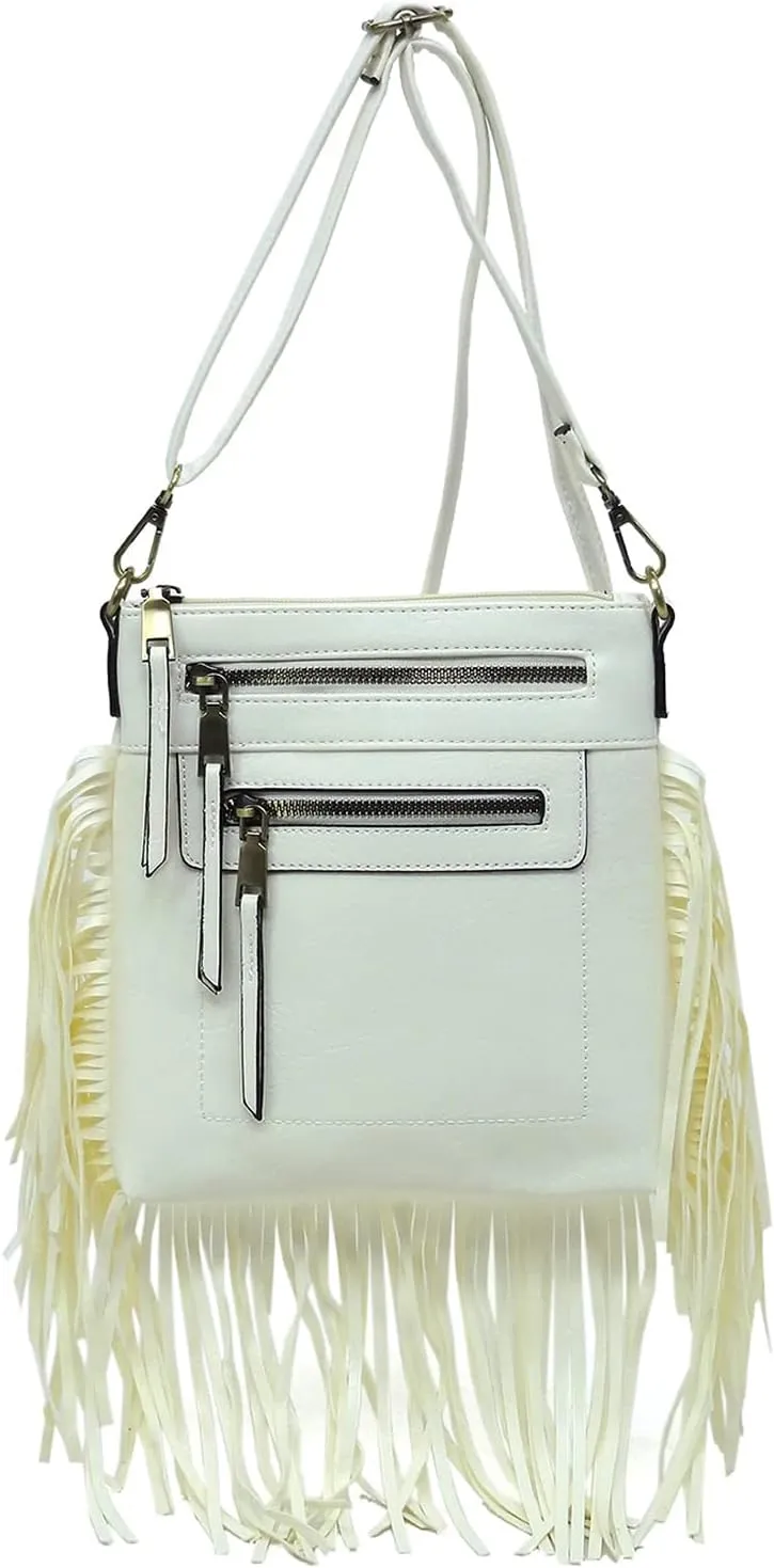 Fringe Tassel Cross Body Bag Vintage Shoulder Handbag Multi Zip Pocket Western Fringe Purse