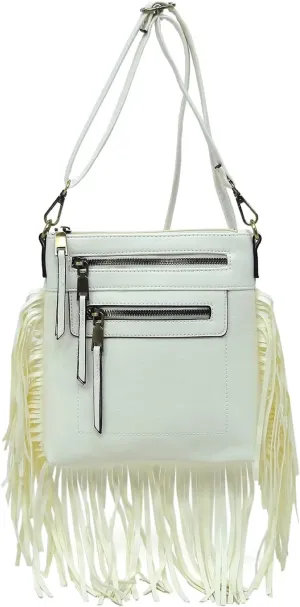 Fringe Tassel Cross Body Bag Vintage Shoulder Handbag Multi Zip Pocket Western Fringe Purse