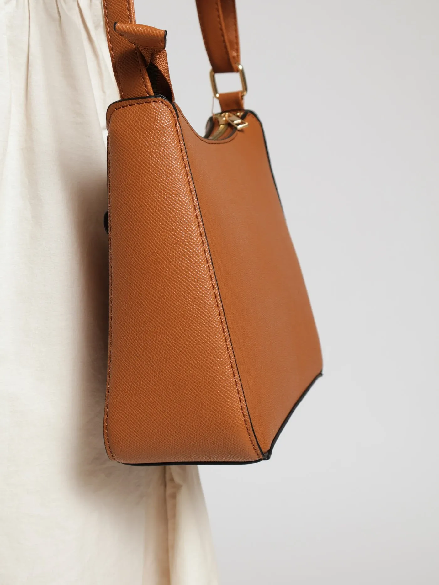 Front Zip Gold Crossbody Bag - Tan