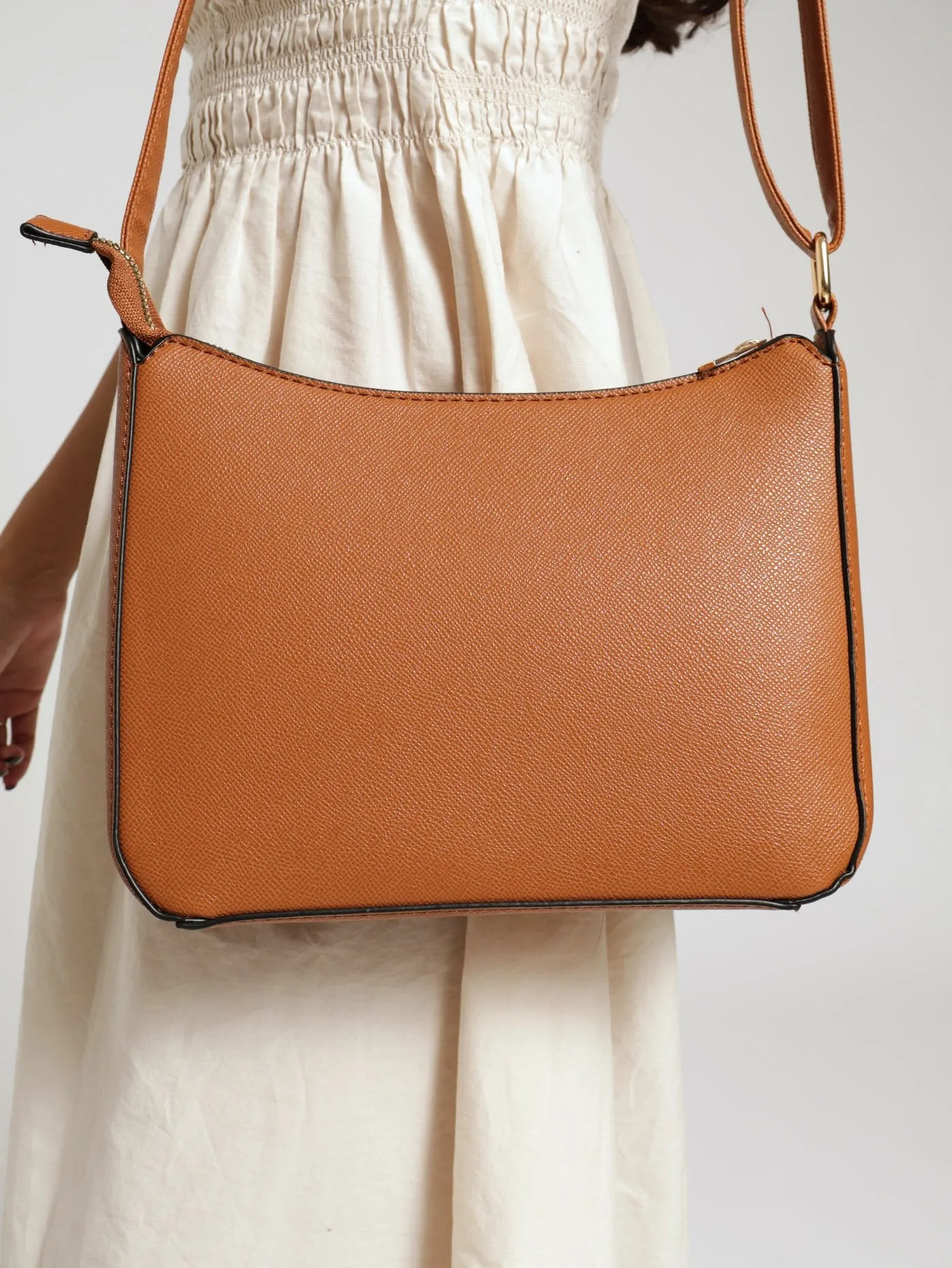 Front Zip Gold Crossbody Bag - Tan