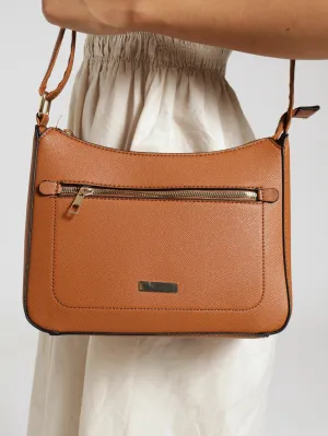 Front Zip Gold Crossbody Bag - Tan