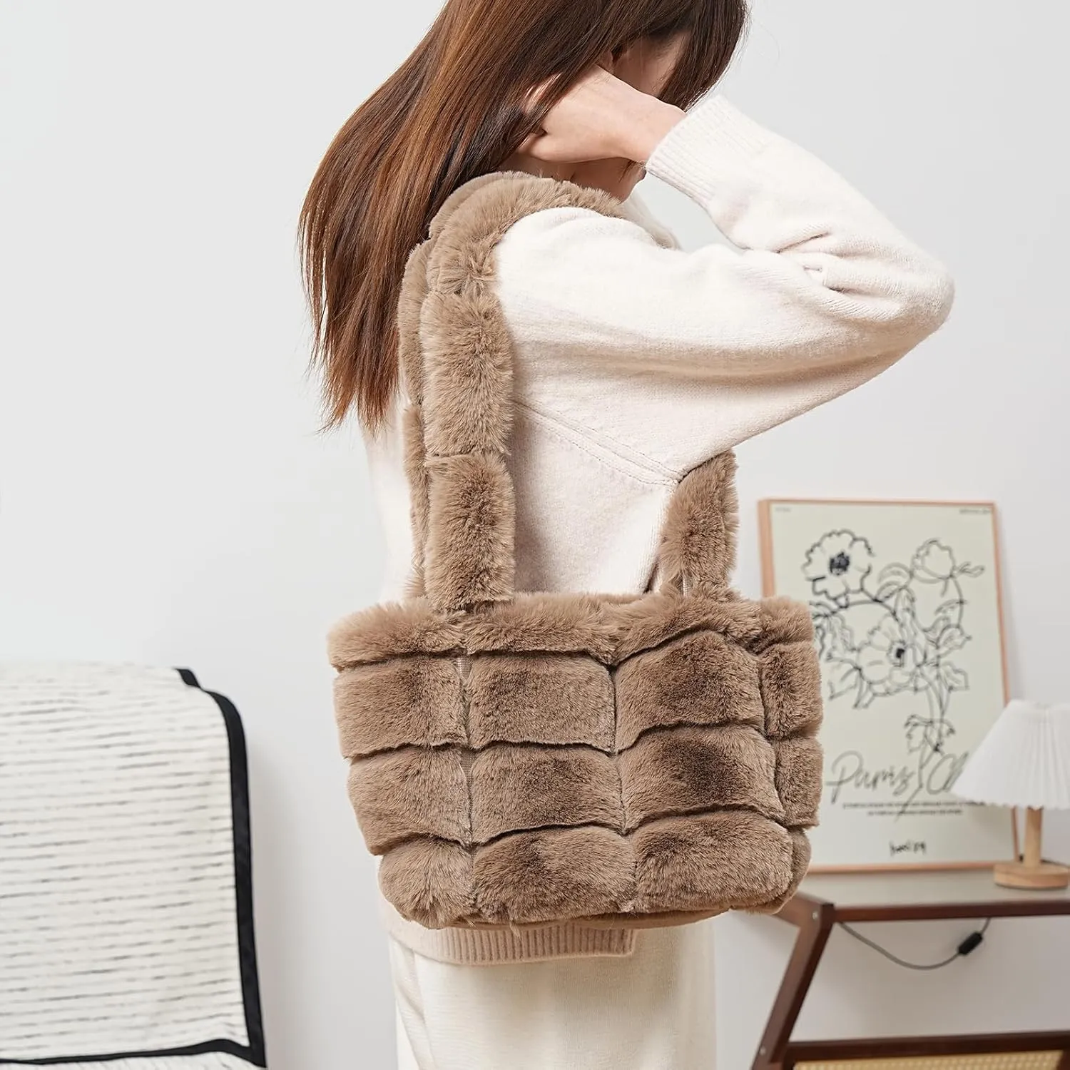 Furry Purse for Women, Plush Shoulder Handbag Faux Fur Bag Fluffy Tote Bag,Winter Quilted Puffy Tote Handbag