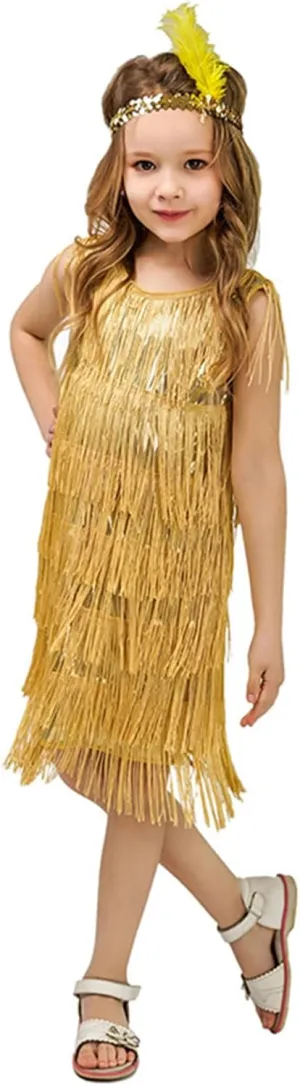 Generic Fringed Dress Round Neck Flapper Dress Retro Latin Dance Stage Costumes for 3-12 Girls