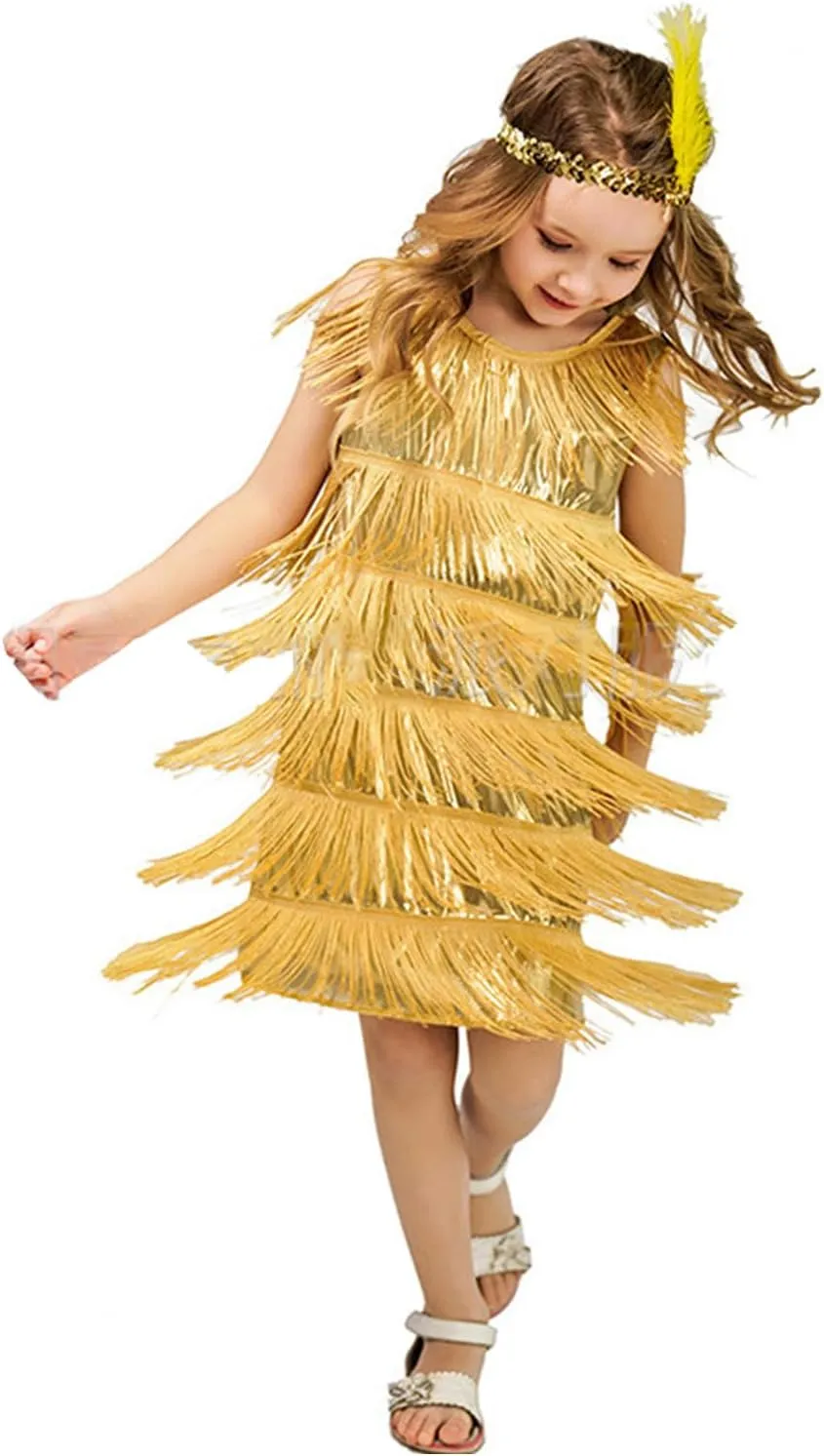 Generic Fringed Dress Round Neck Flapper Dress Retro Latin Dance Stage Costumes for 3-12 Girls