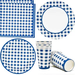 Gift Boutique 96 Pcs Blue and White Gingham Party Supplies Set Paper Plates Cup Napkins for Checkered Plaid Picnic Barbecue Birthday Disposable Dinnerware Serves 24