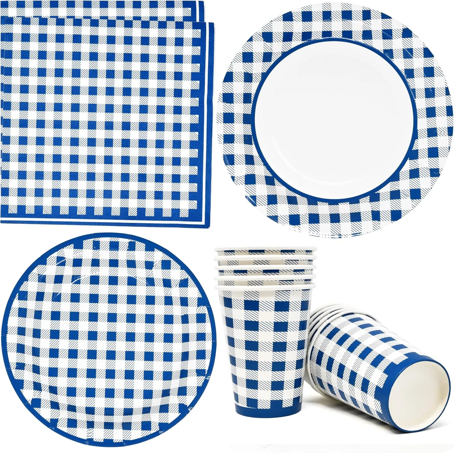Gift Boutique 96 Pcs Blue and White Gingham Party Supplies Set Paper Plates Cup Napkins for Checkered Plaid Picnic Barbecue Birthday Disposable Dinnerware Serves 24