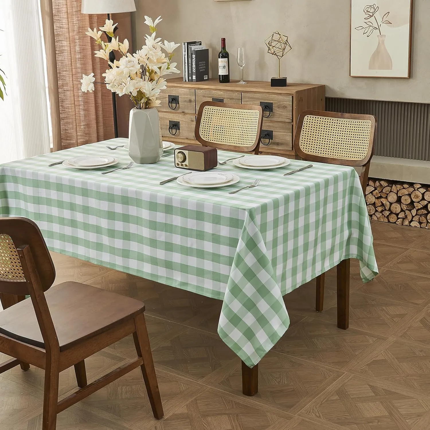 Gingham Tablecloth – Waterproof Rectangle Table Cloth, Wrinkle-Resistant Polyester Checkered Tablecloth, Washable Picnic Table Cover for Dining, Camping, Outdoor (Light Green, 55"×71")
