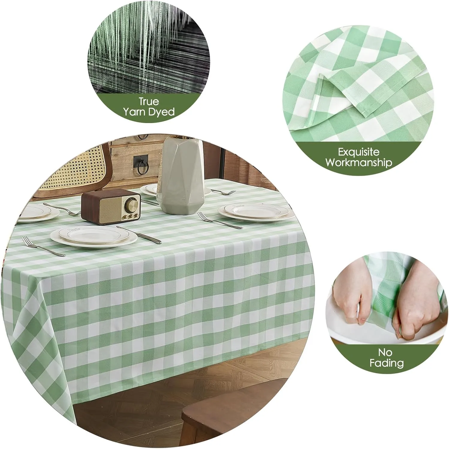 Gingham Tablecloth – Waterproof Rectangle Table Cloth, Wrinkle-Resistant Polyester Checkered Tablecloth, Washable Picnic Table Cover for Dining, Camping, Outdoor (Light Green, 55"×71")