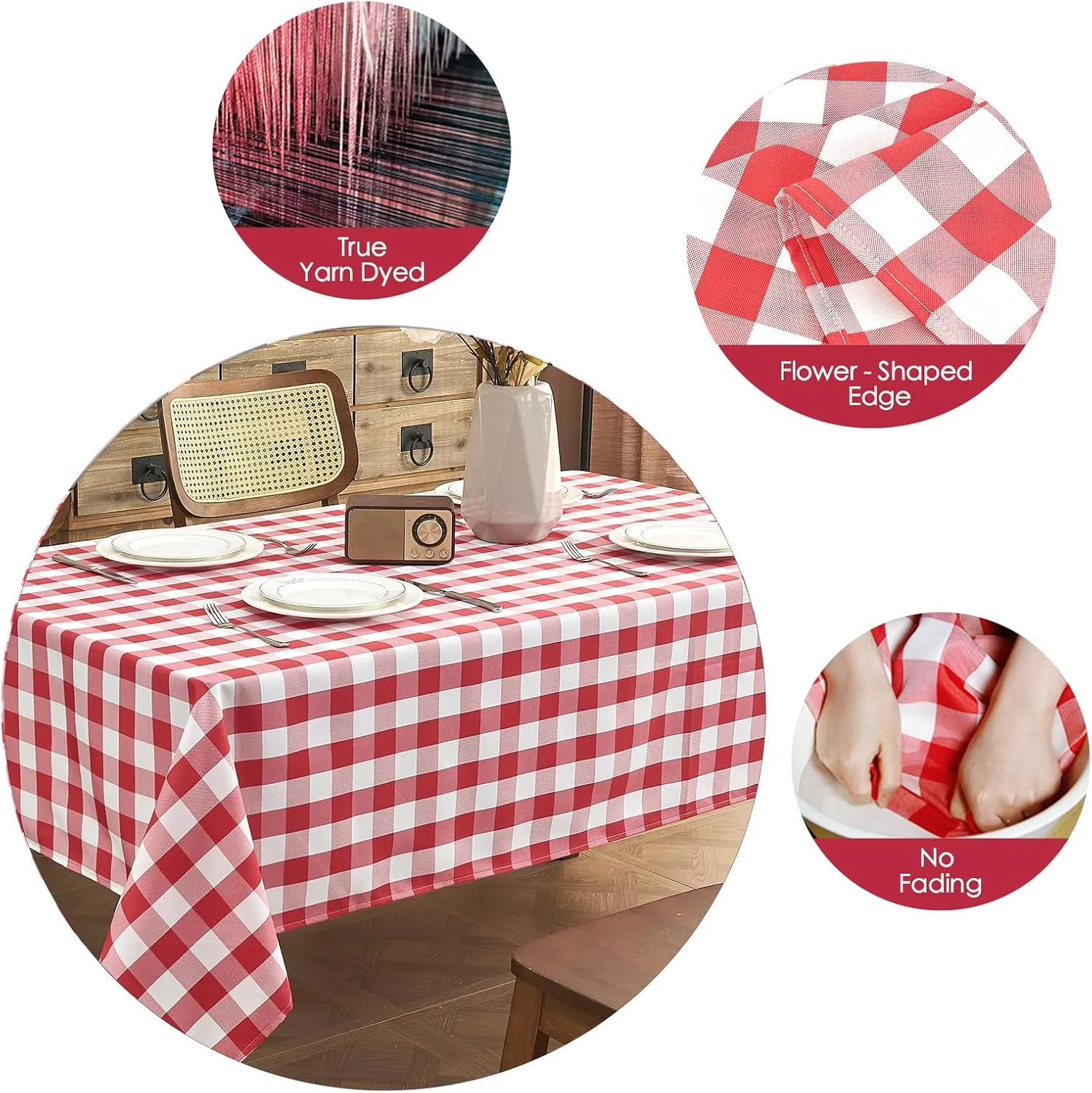 Gingham Tablecloth – Waterproof Rectangle Table Cloth, Wrinkle-Resistant Polyester Checkered Tablecloth, Washable Picnic Table Cover for Dining, Camping, Outdoor (Red, 55"×71")