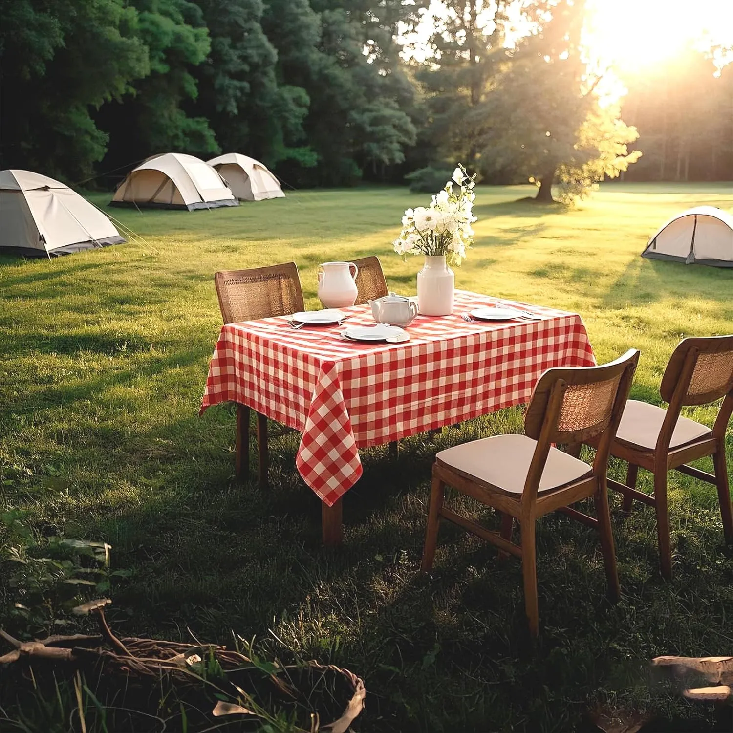 Gingham Tablecloth – Waterproof Rectangle Table Cloth, Wrinkle-Resistant Polyester Checkered Tablecloth, Washable Picnic Table Cover for Dining, Camping, Outdoor (Red, 55"×71")