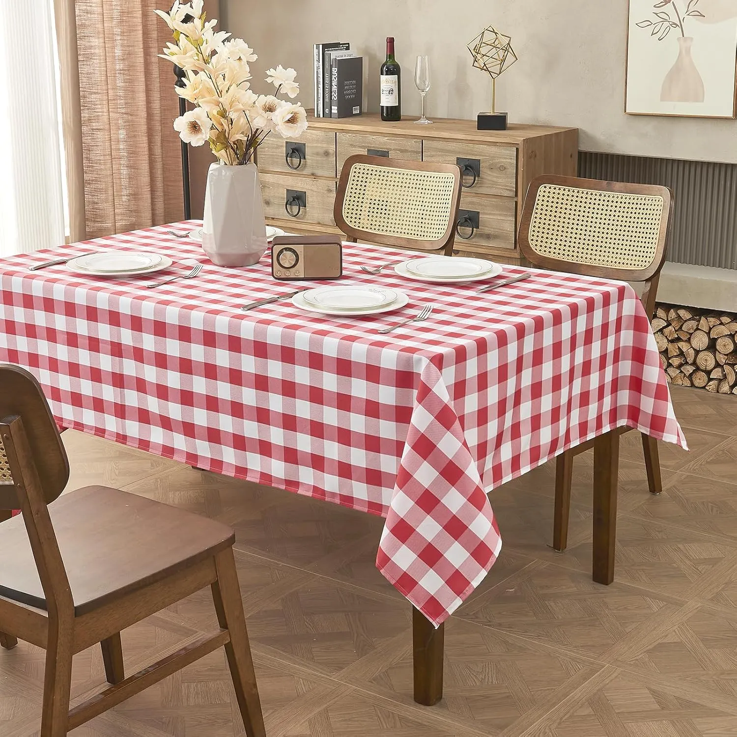 Gingham Tablecloth – Waterproof Rectangle Table Cloth, Wrinkle-Resistant Polyester Checkered Tablecloth, Washable Picnic Table Cover for Dining, Camping, Outdoor (Red, 55"×71")