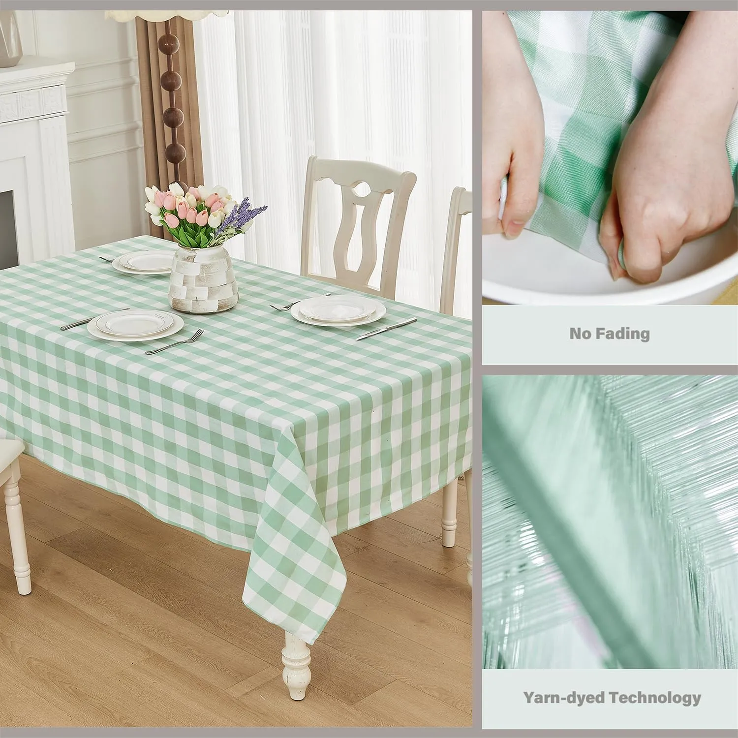 Gingham Tablecloth – Waterproof Rectangle Table Cloth, Yarn-Dyed Cotton Blend Checkered Tablecloth, Wipeclean Washable Picnic Table Cover for Dining, Camping, Outdoor (Light Green, 55"×71")