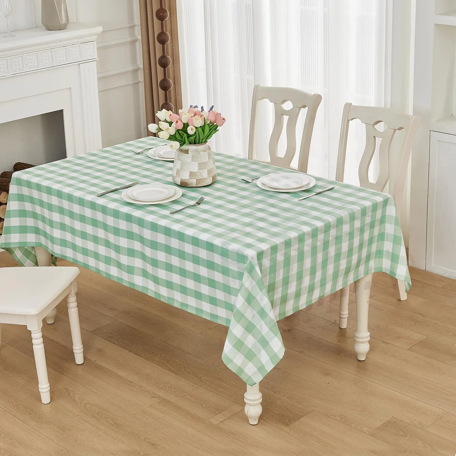 Gingham Tablecloth – Waterproof Rectangle Table Cloth, Yarn-Dyed Cotton Blend Checkered Tablecloth, Wipeclean Washable Picnic Table Cover for Dining, Camping, Outdoor (Light Green, 55"×71")