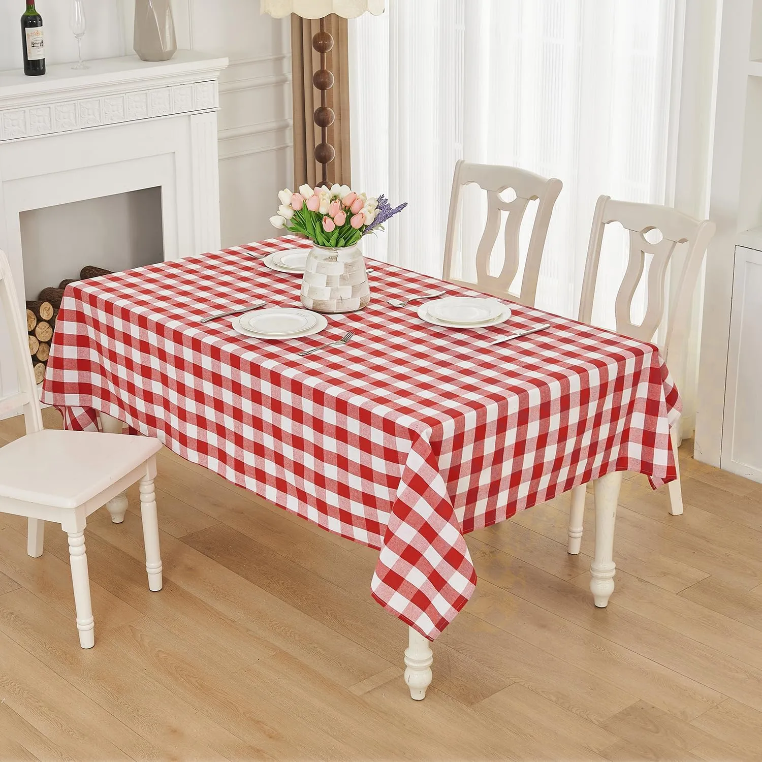 Gingham Tablecloth – Waterproof Rectangle Table Cloth, Yarn-Dyed Cotton Blend Checkered Tablecloth, Wipeclean Washable Picnic Table Cover for Dining, Camping, Outdoor (Red, 55"×71")